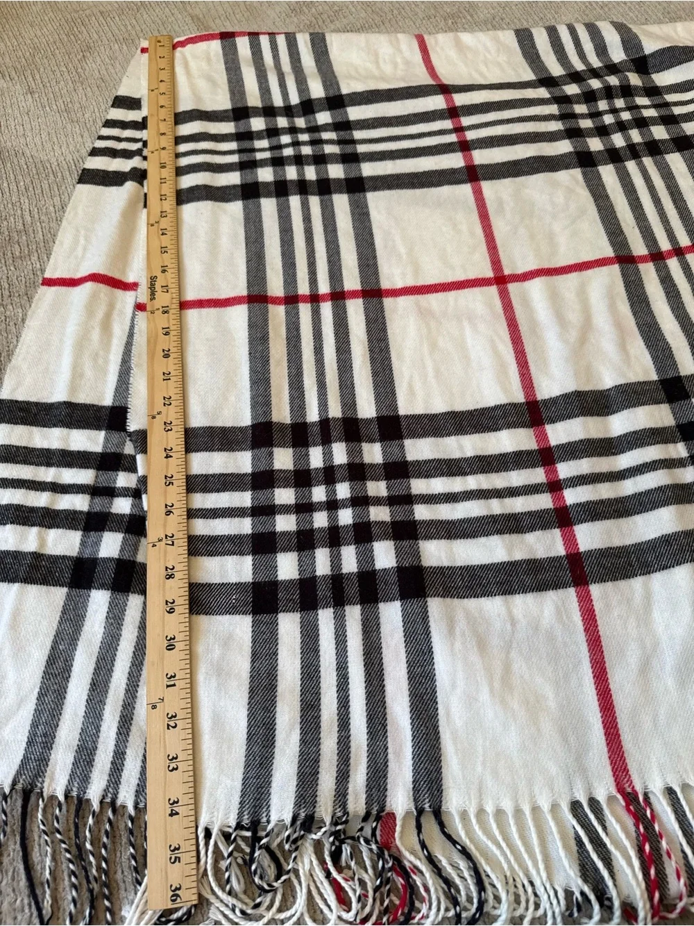Cashmere Plaid Blanket Scarf Ivory Black Red Fringe Oversized Wrap